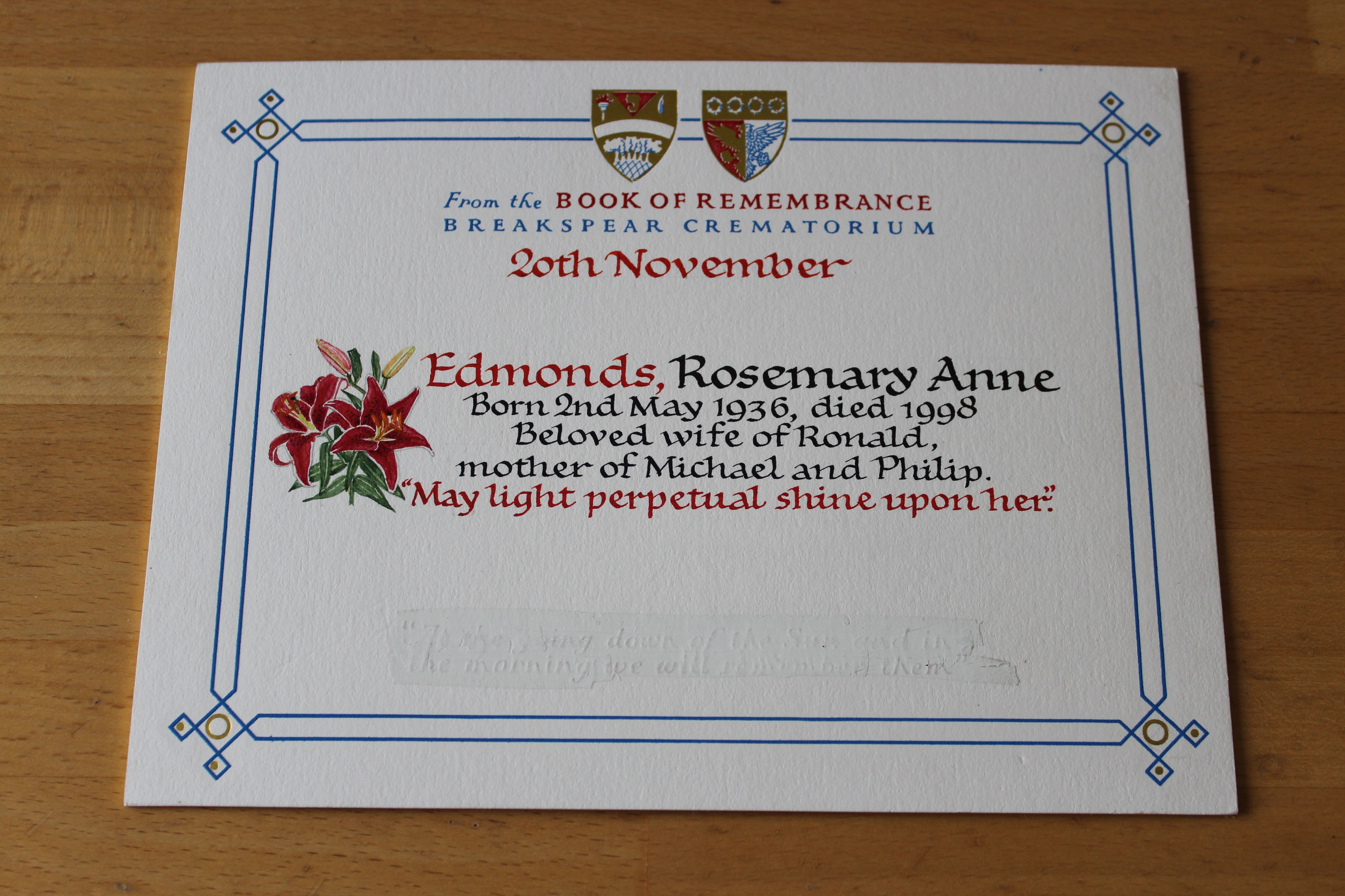 Photo of a Remembrance card