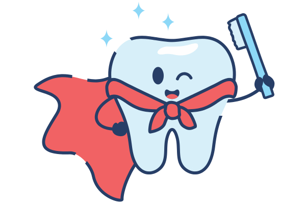 Cartoon of a tooth wearing a cape and holding a toothbrush