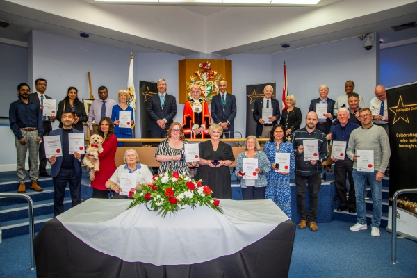 Group shot of all the 2025 Hillingdon Community Awards winners, with the Mayor, Leader and Chief Executive