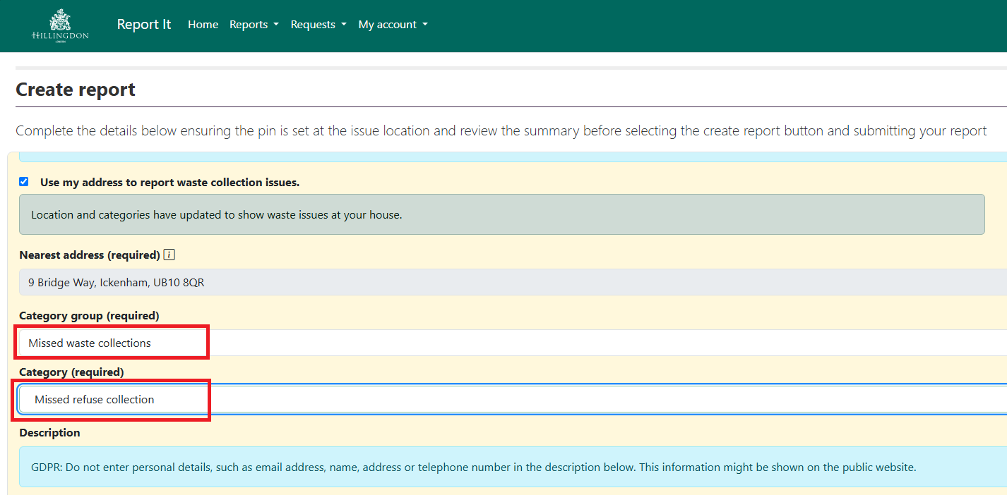 LCS Create report - choose category (rubbish) screenshot