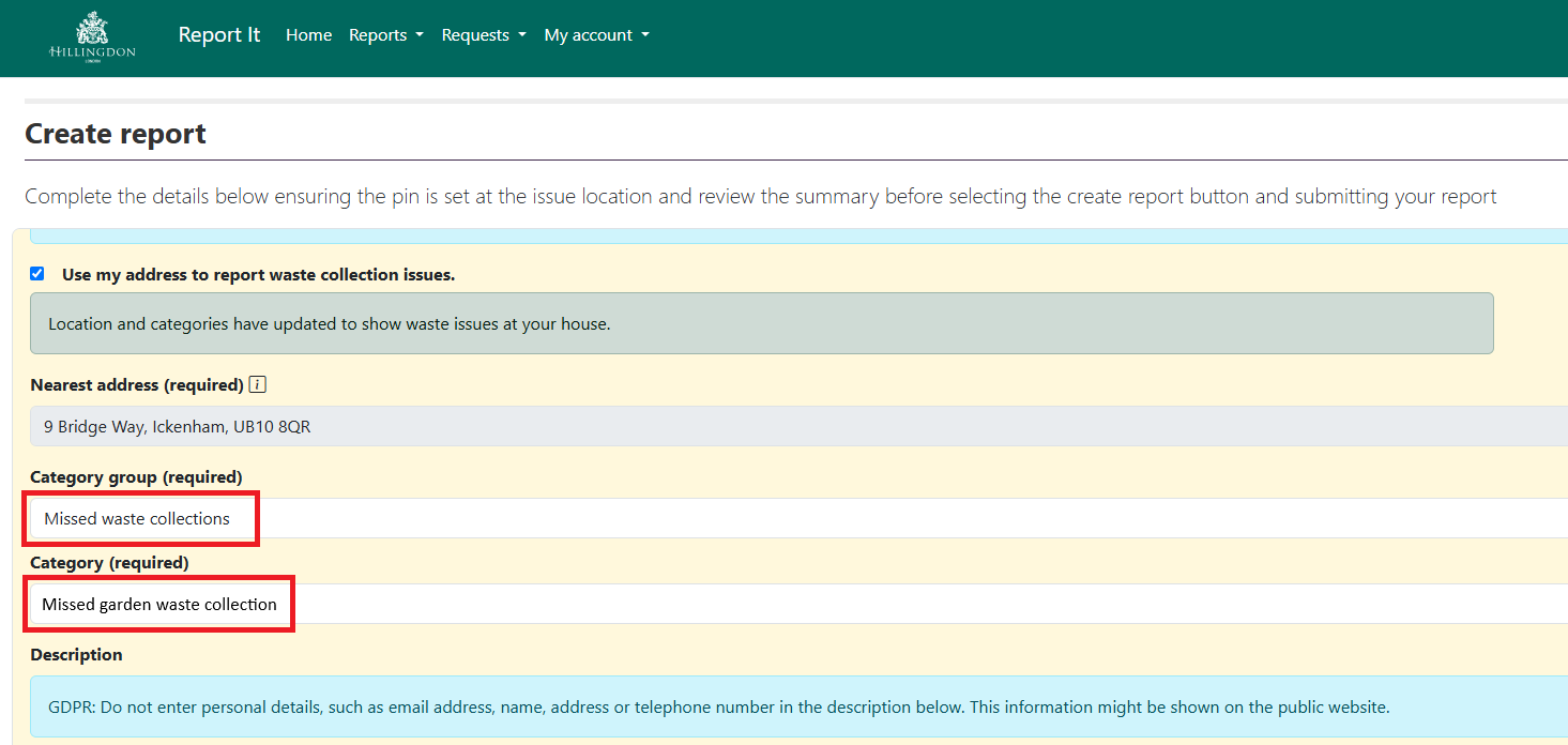 Create report - missed garden waste collection screenshot