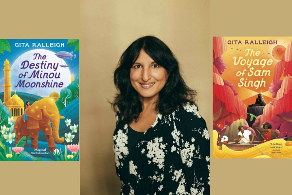 Photo of author Gita Ralleigh alongside 2 of her novel covers