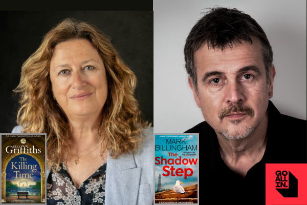Photos of Elly Griffiths and Mark Billingham, with the front covers of their latest novels