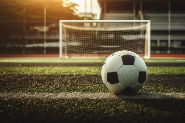Photo of football on football pitch with the goal in the background