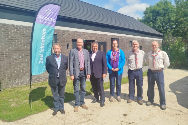 Cllrs Bianco, Lavery and Tuckwell hand over the newly-built headquarters to the 2nd Ickenham Scout group