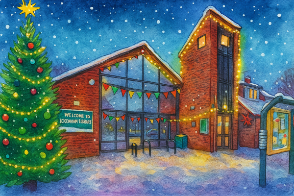 Festive illustration of Ickenham Library at Christmas