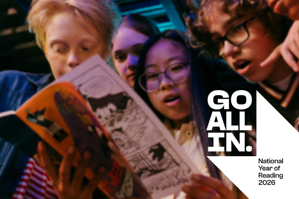 Photo of group of young people reading. Go All In logo in the bottom right corner.
