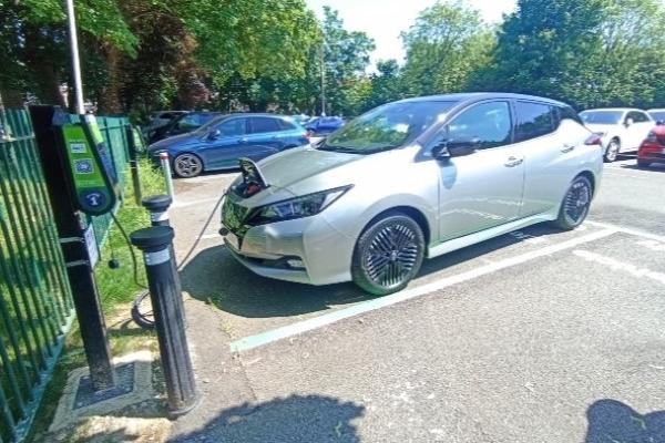 An EV being charged in the new EV charging bays in Green Lane Car Park, Northwood