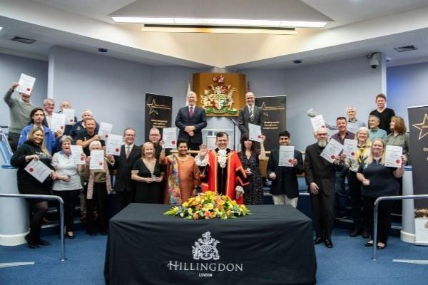 Group shot of all the 2024 Hillingdon Community Awards winners, with the Mayor, Leader and Chief Executive