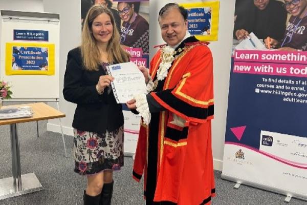 Oana-Maria Vasile with the Mayor of Hillingdon Cllr Shehryar Ahmad-Wallana