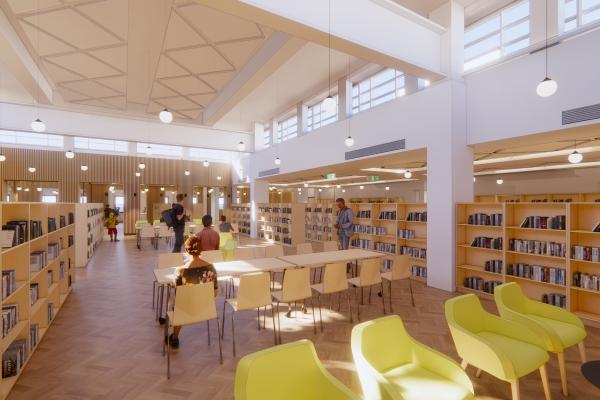 A CGI image of the main shelving area of the new Uxbridge Library in the Middlesex Suite.