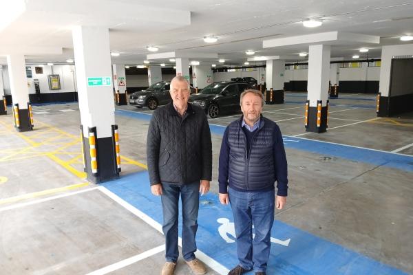 Cllr Eddie Lavery, Hillingdon Council’s Cabinet Member for Residents’ Services, left, and Cllr Jonathan Bianco, Deputy Leader of the Council & Cabinet Member for Property, Highways & Transport at the refurbished Blyth Road car park.