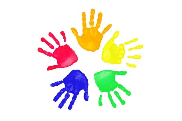 Image of a circle of colourful handprints