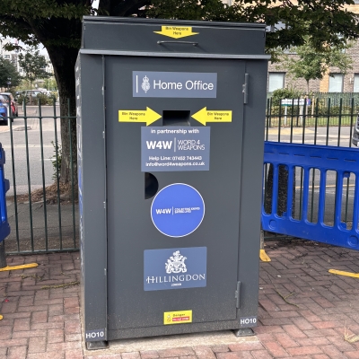 Photo of a knife surrender bin in Pump Lane car park in Hayes.