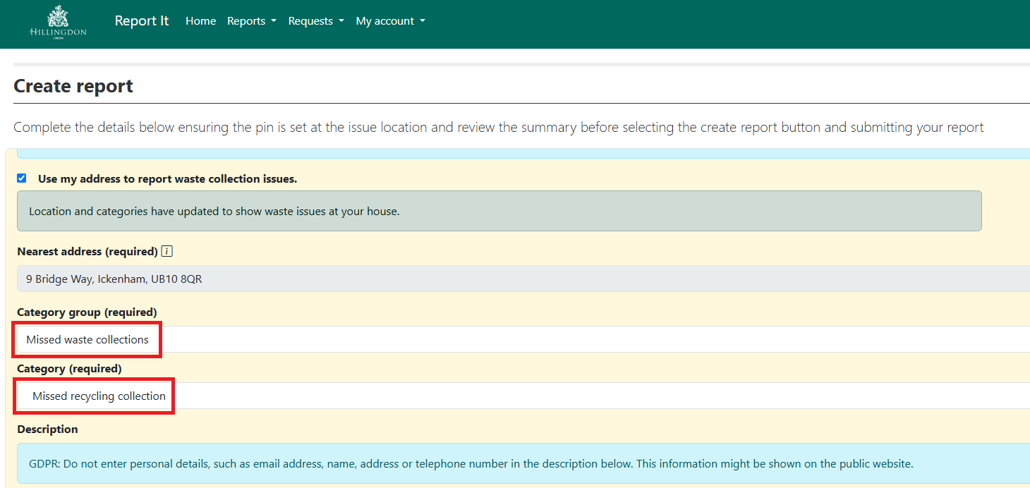 Create report - recycling collection screenshot