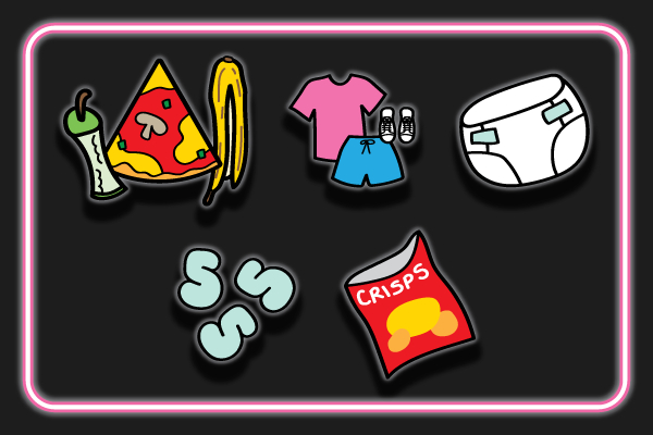 Graphic showing the top 5 contaminants put in recycling - crisp packets, nappies, clothing, polystyrene, and food items.