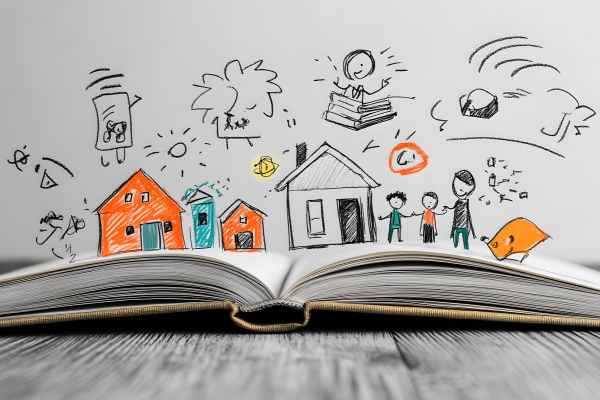 illustration of an open book with doodles of homes and families above it.