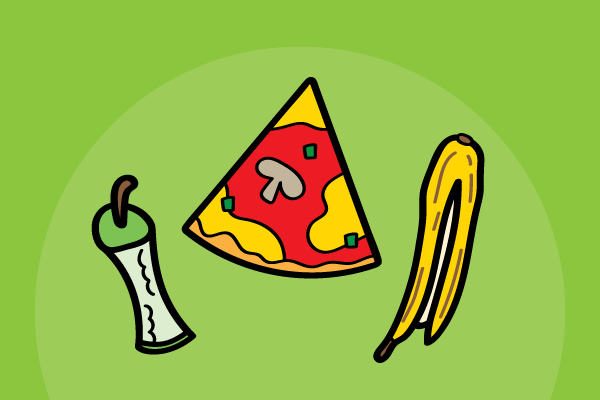 Graphic showing food items (apple core, pizza slice and banana skin) that aren't accepted in Hillingdon's dry mixed recycling